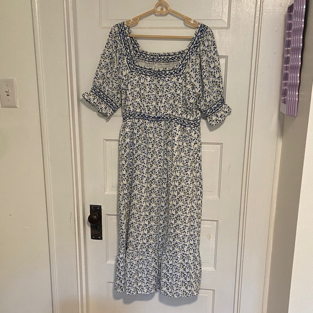 Roolee peasant style Blue and White Floral Midi Dress